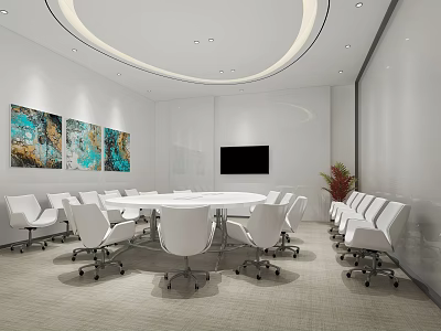 Modern Conference Room Interior With Round Table White Chairs Decorative Art And TV Screen 3d model