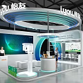 Modern Exhibition Booth With Blue White Circular Ceiling Large Digital Screen Reception Desk And Seating 3d model