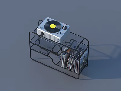 Practical Black Metal Frame Vinyl Record Storage Basket With Turntable And Records 3d model