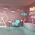 Pink Themed Photo Check In Spot With Ferris Wheel Flamingo Balloons And Neon Sign