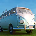 Light Green Vintage Bus With Roof Rack Parked On Green Grass Under Blue Sky