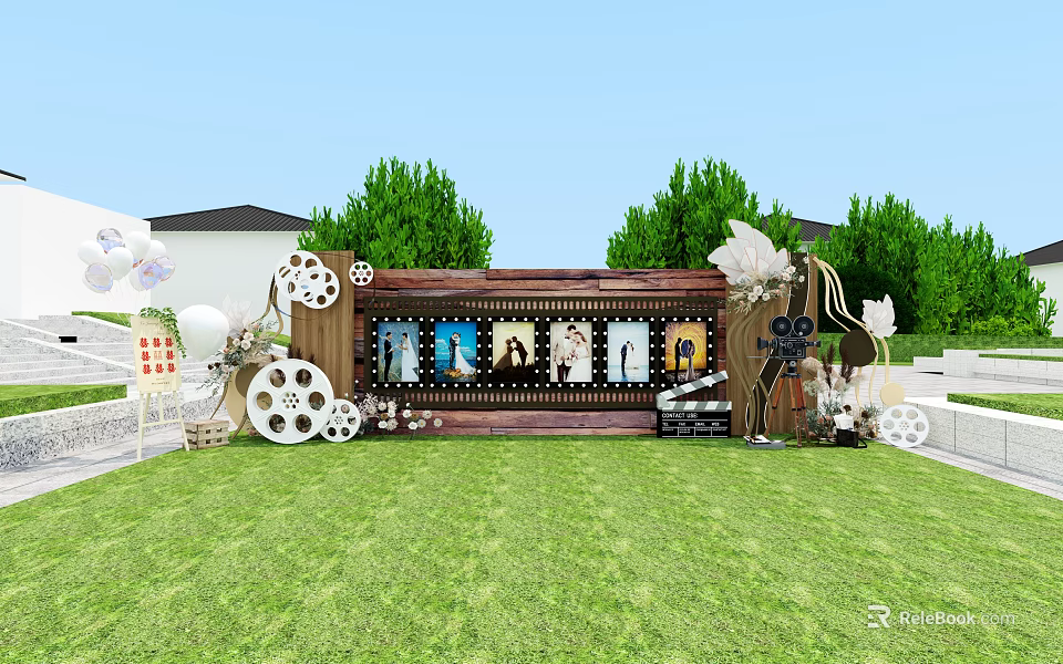 Outdoor Lawn Film Themed Display Setup With Wooden Board Film Reels White Balloons And Trees 3d model 