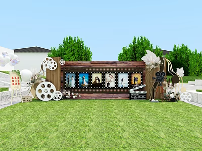 Outdoor Lawn Film Themed Display Setup With Wooden Board Film Reels White Balloons And Trees 3d model