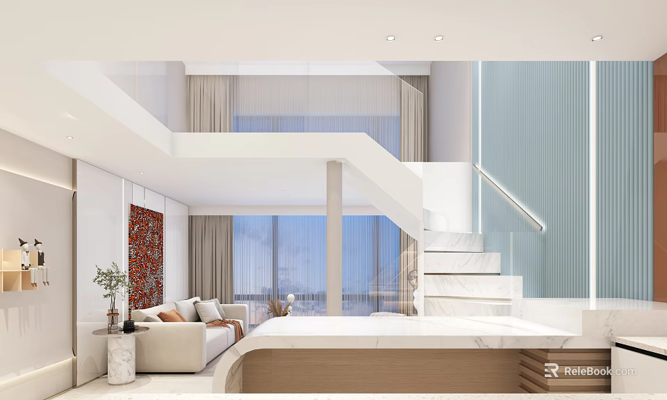 Modern Apartment Interior With Loft Stairs Cozy Sofa And Large Windows 3d model 