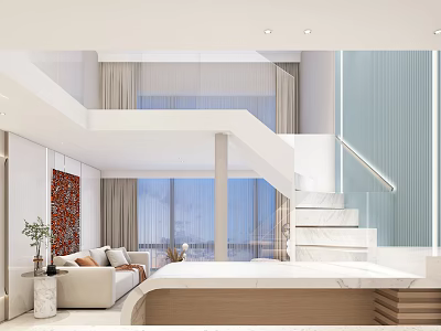 Modern Apartment Interior With Loft Stairs Cozy Sofa And Large Windows 3d model
