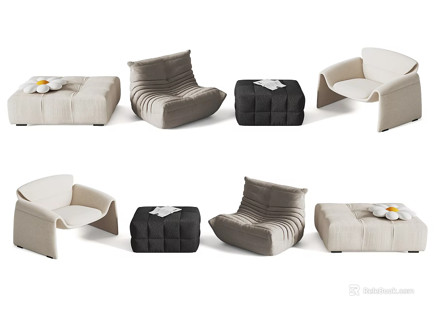Modern Ottoman Stools In Beige Gray Black With Simple Design For Living Room Decor 3d model 