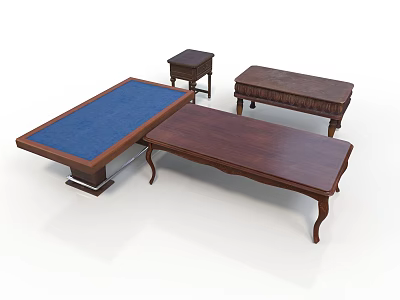 Classic Wooden Furniture Set With Four Tables Blue Top And Dark Brown Legs 3d model