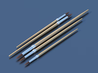 Several Wooden Handle Paintbrushes With Metal Ferrules Lying On Blue Background In 3D Render 3d model