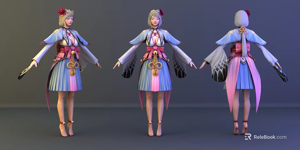 Game Movie Character Traditional Outfit Blue Pink Skirt Headdress Belt Three Angles Front Side Back 3d model 