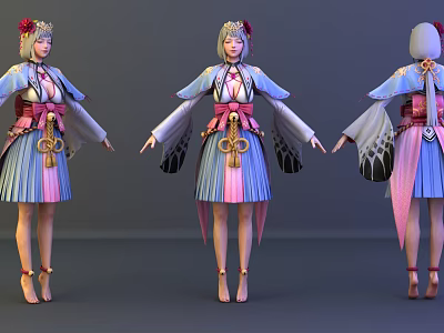 Game Movie Character Traditional Outfit Blue Pink Skirt Headdress Belt Three Angles Front Side Back 3d model
