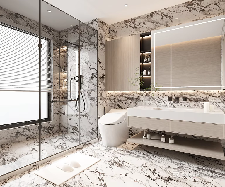Modern Bathroom Interior With Marble Glass Shower And Vanity 3d model 