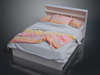 Double Bed With White Headboard And Colorful Patterned Pillows Vibrant Blanket 3d model