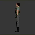 Man Wearing Green Vest Gray Pants Knee Pads Black Gloves And Boots On Gray Background