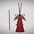 Game Movie Character In Ornate Golden Armor With Blue Red Robes And Long Staff Weapon