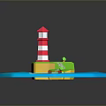 Modern 3D Scene With Red White Lighthouse Green Island Pebble Path Wooden Bridge Blue Water