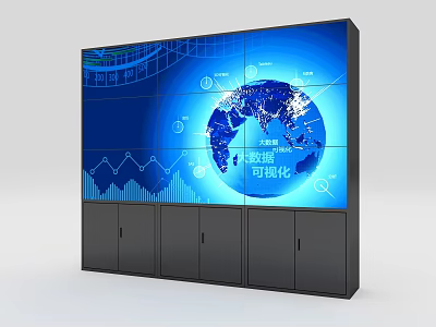 Large Computer Video Wall Display with World Globe Data Charts Visualization Interface and Black Cabinet 3d model