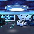 Futuristic Sci Fi Interior Design With Starry Ceiling Circular Glowing Lights And White Chairs