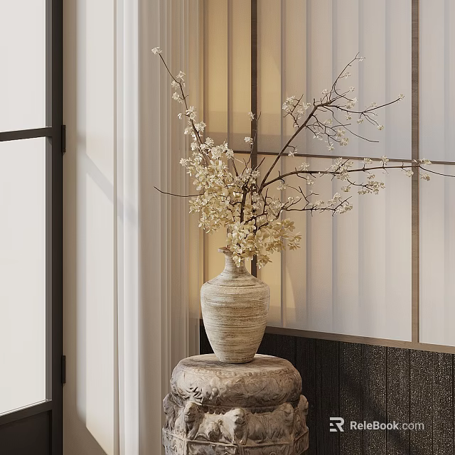 Bonsai Plant with White Blossom Branches in Ceramic Vase on Stone Base Indoor Interior Design 3d model 