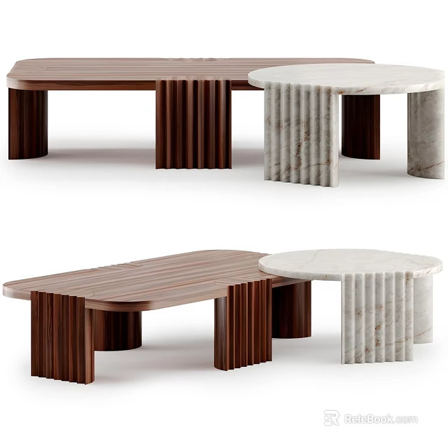 Modern Dining Table With Wooden And Marble Surfaces And Structured Leg Design 3d model 