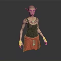 Game and Movie Character With Pointed Ears Bald Head Tattoos Gray Tank Top Red Skirt