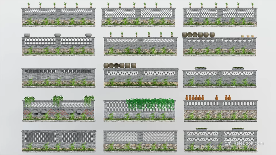 Building Exterior Wall With Various Decorative Patterns Plants And Pottery Jars Designs 3d model