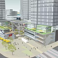 Modern Commercial Street With Tall Buildings Glass Facades And Green Plants
