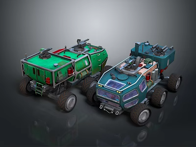 Two Sci Fi Armored Vehicles With Large Tires Top Mounted Equipment Green And Teal 3d model