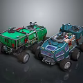 Two Sci Fi Armored Vehicles With Large Tires Top Mounted Equipment Green And Teal