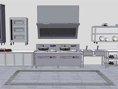 Commercial Kitchen Layout Featuring Stainless Steel Appliances Range Hood Oven And Workbench 3d model