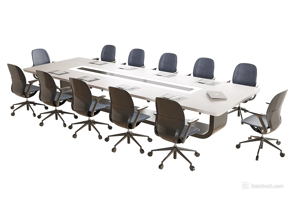 Modern Office Conference Table With Long Surface And Multiple Black Wheeled Chairs 3d model 