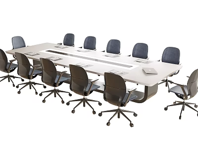Modern Office Conference Table With Long Surface And Multiple Black Wheeled Chairs 3d model