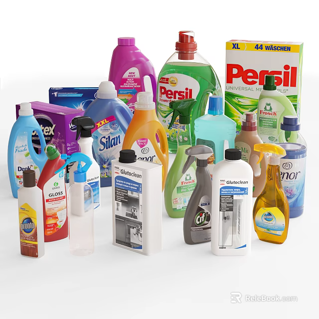 Assorted Household Cleaning Supplies With Various Brands Of Laundry Detergents And Cleaners 3d model 