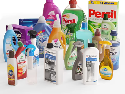 Assorted Household Cleaning Supplies With Various Brands Of Laundry Detergents And Cleaners 3d model