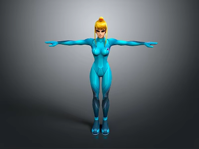 3D Rendered Female Character In Blue Bodysuit With Yellow Hair And Outstretched Arms 3d model