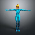 3D Rendered Female Character In Blue Bodysuit With Yellow Hair And Outstretched Arms