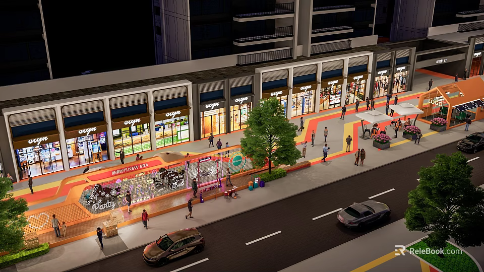 Vibrant Nighttime Commercial Street With Well Lit Shops Pedestrians Cars And Trees 3d model 