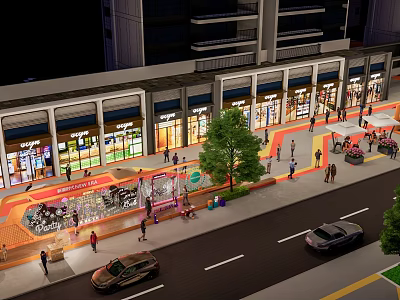 Vibrant Nighttime Commercial Street With Well Lit Shops Pedestrians Cars And Trees 3d model