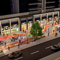 Vibrant Nighttime Commercial Street With Well Lit Shops Pedestrians Cars And Trees