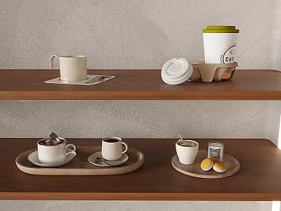 Coffee Drinks On Wooden Shelves With Mugs Trays Takeaway Cup Cookies And Sugar Container 3d model