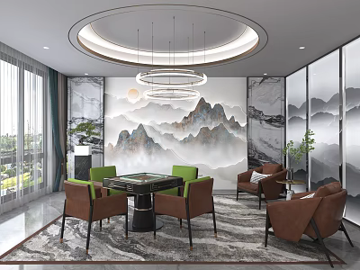 Hotel Mahjong Room With Modern Mountain Landscape Painting Round Table Green Brown Chairs Hanging Lights 3d model