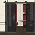 Modern Sliding Barn Door With Glass Panel And Black Metal Frame For Interior Design