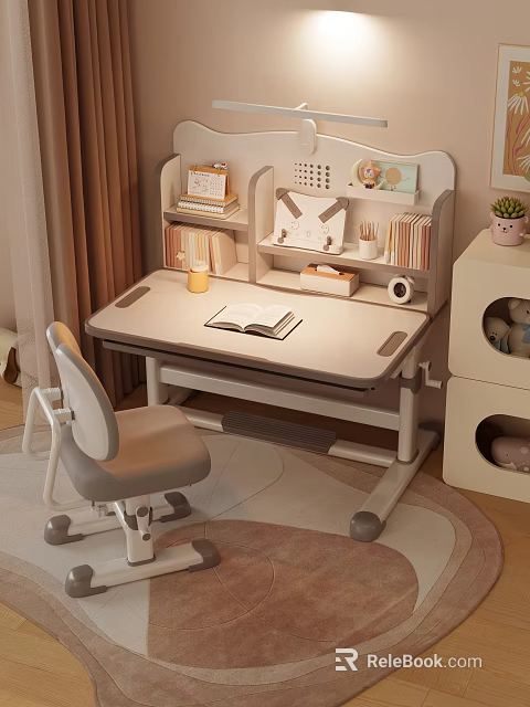 Kids Study Desk And Chair Set With Bookshelf Stationery Storage And Cozy Room 3d model 