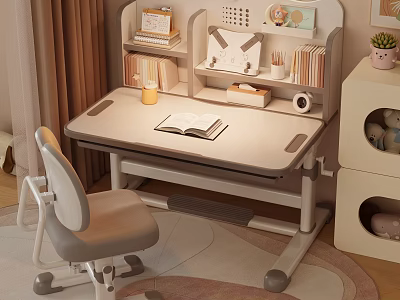 Kids Study Desk And Chair Set With Bookshelf Stationery Storage And Cozy Room 3d model