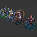 Vibrant Fantasy Game Movie Characters With Purple Blue Rings Magical Staffs On Green Bases