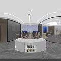 Modern Public Office Interior With Marble Wall Wooden Ceiling Light Strips And Plants