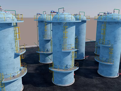 Industrial Plant Industrial Facility Exterior Featuring Blue Storage Tanks with Yellow Ladders and Platforms 3d model