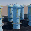 Industrial Plant Industrial Facility Exterior Featuring Blue Storage Tanks with Yellow Ladders and Platforms