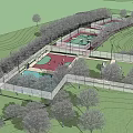 Park Landscape Featuring Multiple Sports Courts Green Lawns And Trees