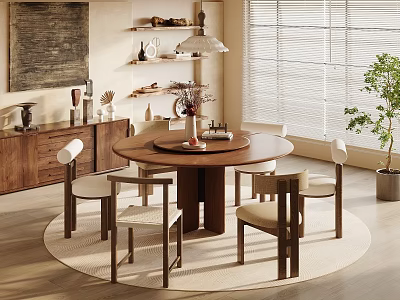 Round Wooden Dining Table Set with Four Chairs Pendant Light Area Rug and Potted Plant 3d model