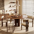 Round Wooden Dining Table Set with Four Chairs Pendant Light Area Rug and Potted Plant